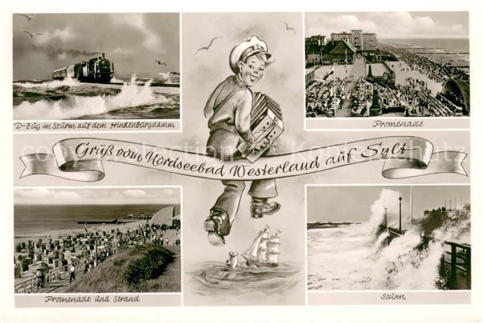 Westerland Sylt D-Zug im Sturm auf dem Hindenburgdamm Promenade Strand Sturmflut