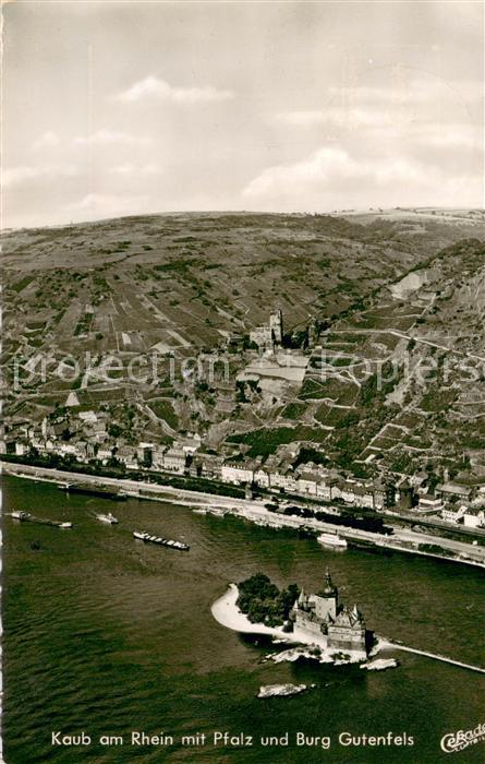 Kaub Rhein Fliegeraufnahme mit Pfalz und Burg Gutenfels