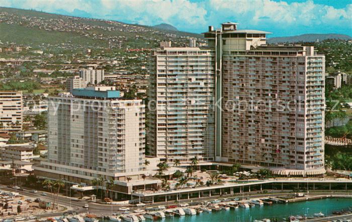 Waikiki Honolulu Hawaii Ilikai Hotel and the Yacht Harbor Air view