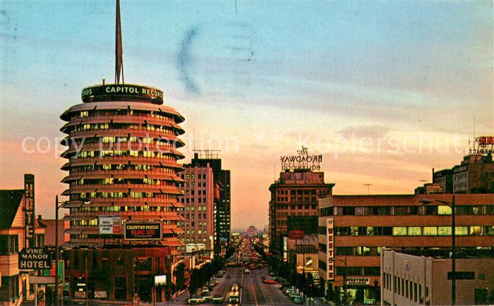 Hollywood California Vine Street at night Capitol Record Building