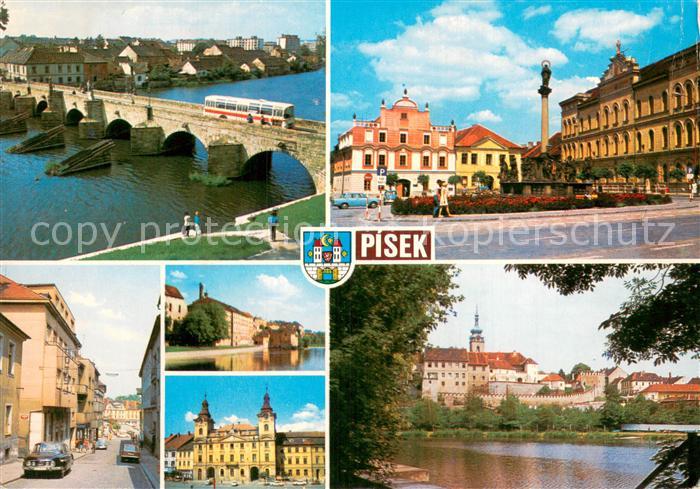 Pisek CZ Celkovy pohled Olsovo namesti Hotel Bila ruze Barokni radnice Reka Otov