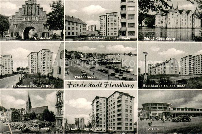 Flensburg DE Nordertor Hochhaeuser an der Rude Schloss Gluecksburg Foerdebruecke