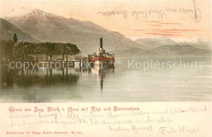 Dampfer Seitenrad Zug blick v. Quai auf Rigi Berneralpen