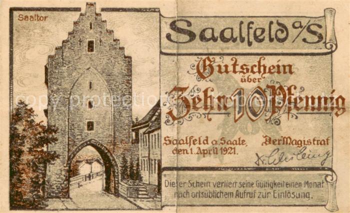 Saalfeld Saale 10 Pfennig Schein Saaltor Saalebruecke