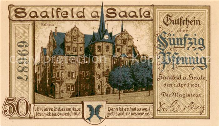 Saalfeld Saale 50 Pfennig Gutschein Rathaus Steuerschraube Presskraft Karikatur