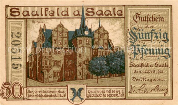 Saalfeld Saale 50 Pfennig Gutschein Rathaus Steuerschraube Presskraft