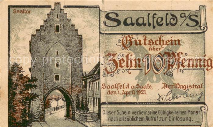 Saalfeld Saale Saaltor Saalebruecke Zehn Pfennig Gutschein