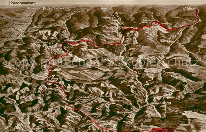 BADEN-BADEN BW Panoramakarte mit Wildbad bis Baiersbronn