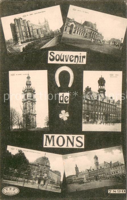Mons  Belgie Eglise Sainte Waudre - Hotel de Ville - La Station - Feldpost