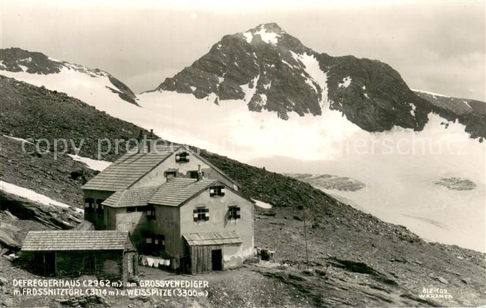 Defreggerhaus 2962m Grossvenediger AT mit Frossnitztoerl und Weissspitze
