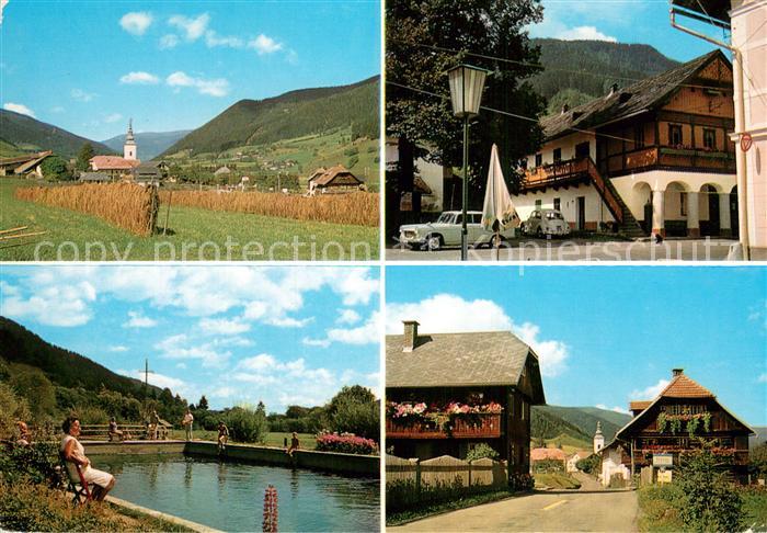 Gnesau Kaernten AT Kirche Gasthaus Schwimmbad Dorfpartie