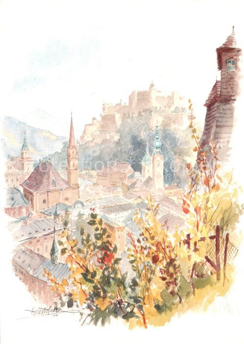 Salzburg  oesterreich Blick ue.d. Stadt z. Festung Kuenstlerkarte Prof. Hans Hof