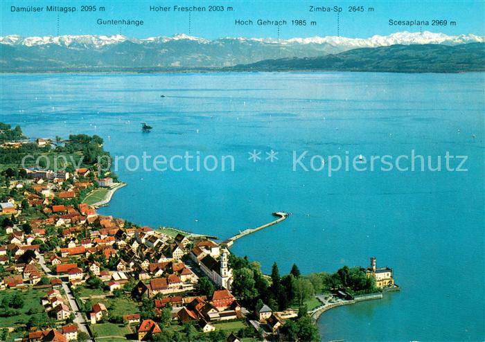 Langenargen Bodensee Fliegeraufnahme mit oesterreichischen und Schweizer Alpen