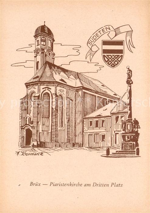 Bruex Most Sudetengau CZ Piaristenkirche am Dritten Platz Zeichnung