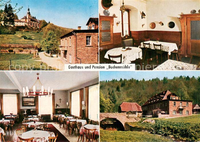 Mariabuchen Gasthaus Pension Buchenmuehle Gastraum Blick zur Wallfahrtskirche