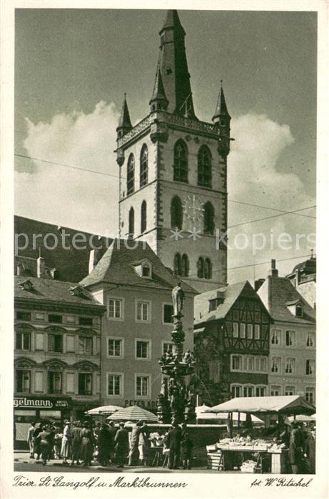 TRIER  CITY St. Gangolf Kirche und Marktbrunnen Kupfertiefdruck