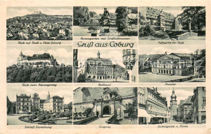 Coburg Bayern Stadtpanorama mit Veste Rosengarten Brunnen Rathaus Theater Schlo
