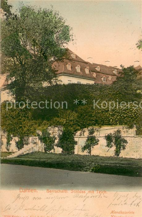 Dahlen Sachsen Herrschaftliches Schloss mit Teich Handkolorierte Kuenstlerkarte