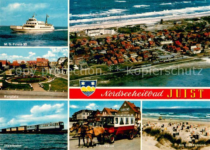 Juist Nordseebad MS Frisia VI Kurplatz Fliegeraufnahme Inselbahn Pferdebus Stran