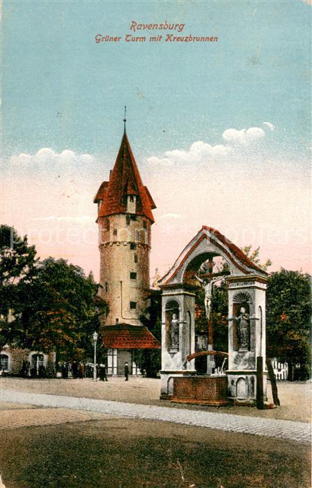 Ravensburg Wuerttemberg Gruener Turm mit Kreuzbrunnen