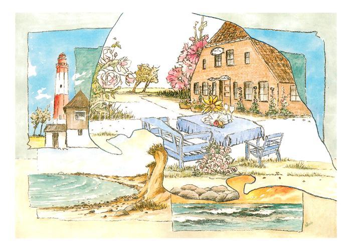Landkirchen Fehmarn Restaurant Petersen Leuchtturm Strandpartie Illustration