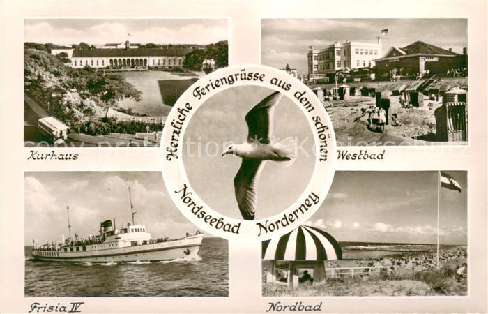 Norderney Nordseebad Kurhaus Westbad Frisia IV Faehre Nordbad Strand Moewe