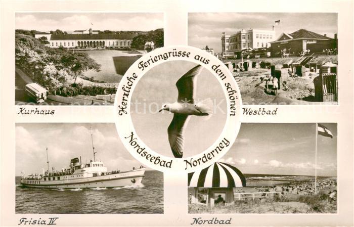 Norderney Nordseebad Kurhaus Westbad Frisia IV Faehre Nordbad Strand Moewe