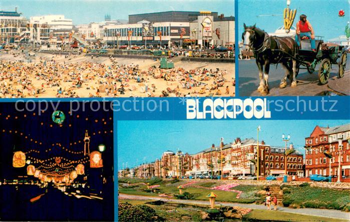 Blackpool UK Strand Pferdewagen Promenade Nachtbeleuchtung