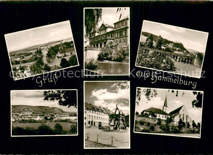 Hammelburg Panorama Stadtmotive Marktbrunnen Kirche Blick zur Burg Saaleck