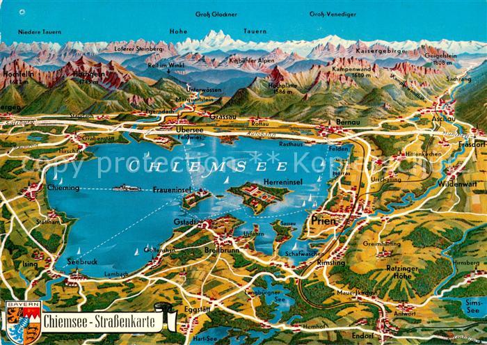 Chiemsee Bayern und Umgebung Strassenkarte Alpenpanorama Reliefkarte