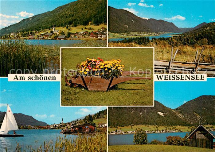 Weissensee Kaernten AT Teilansicht Seepanorama Blumengeschmueckte Schubkarre