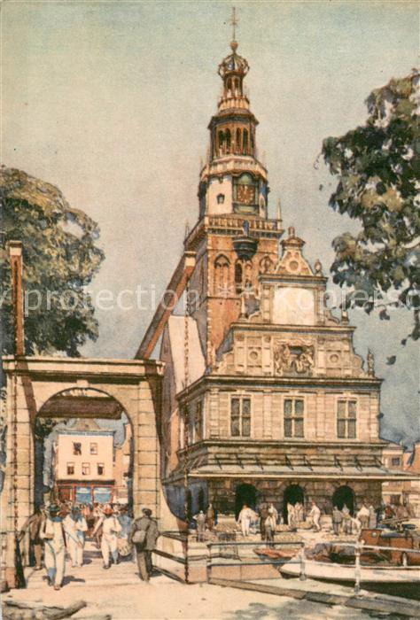 Alkmaar NL Rathaus Aquarell J. Setelik Kuenstlerkarte