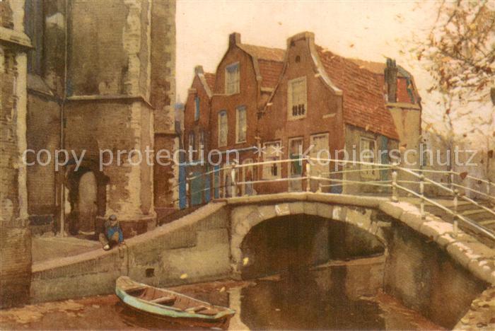 Delft NL Altstadt Kanal Bruecke Aquarell J. Setelik Kuenstlerkarte