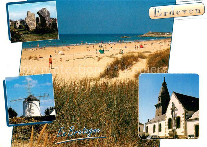 Erdeven 56 Morbihan Strandpartie Die Megalithen von Kerzhero Windmuehle Kirche