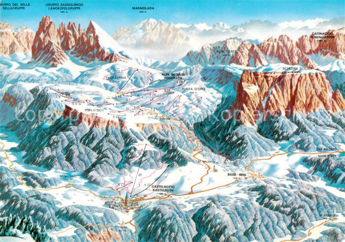 Kastelruth Suedtirol Panoramakarte Seis und Seiseralm aus der Vogelperspektive