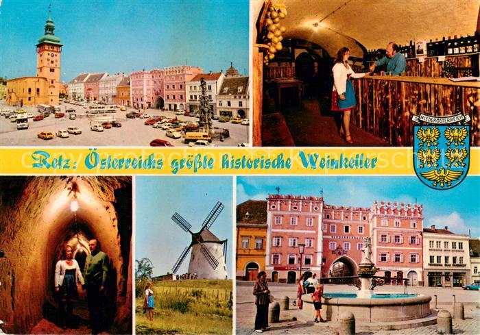 Retz Weinviertel AT Rathaus Hauptplatz Ausschank Kellerroehre Windmuehle Verderb