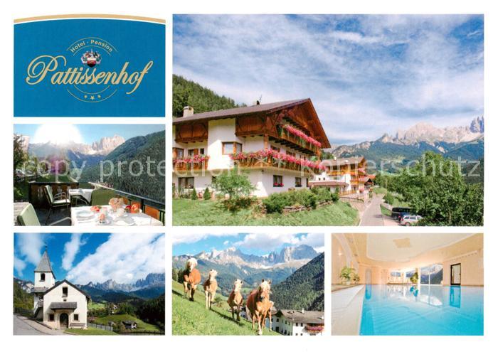 Tiers Tires Rosengarten Trento IT Hotel Pattissenhof Terrasse Kirche Pferde Hall