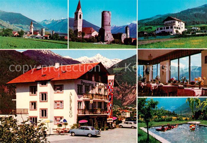 Mals Suedtirol IT Gasthof Albergo Panorama Restaurant Hallenbad Ortsmotiv mit Ki