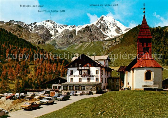 Schnalstal Trentino IT Sporthotel Kurzras mit Kapelle Kurzraser Spitze und Schwe