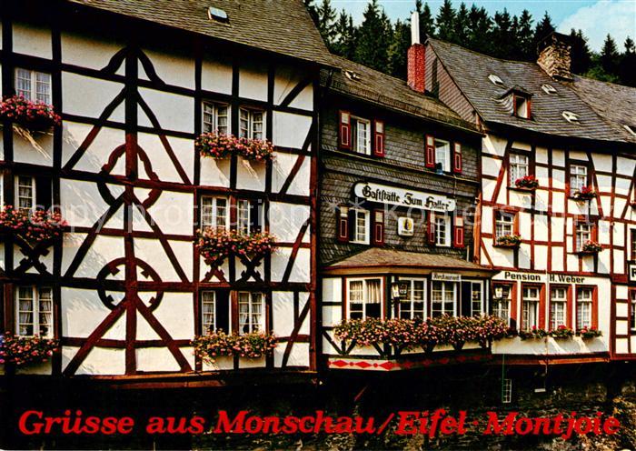 Monschau Montjoie NRW Gaststaette zum Haller Fachwerkhaeuser an der Rur