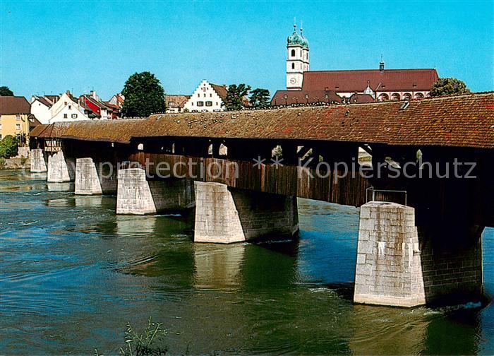 Bad Saeckingen Hochrhein Alte Holzbruecke zur Schweiz mit St Fridolins Muenster