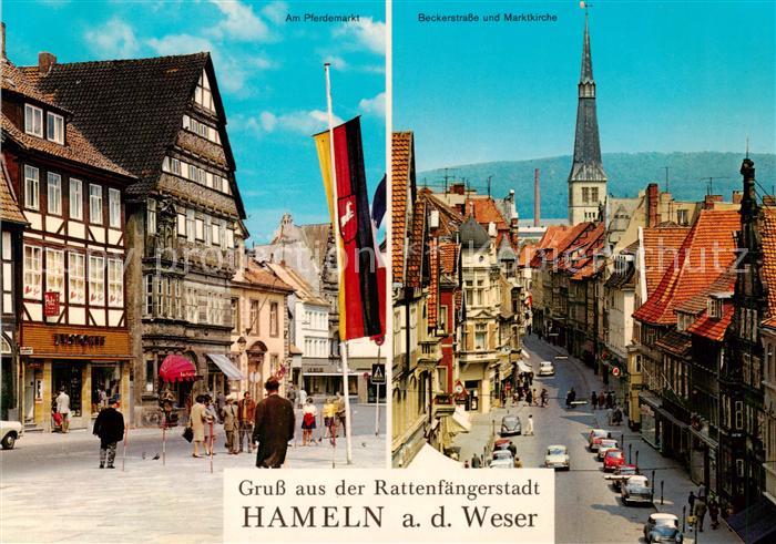 Hameln Weser Am Pferdemarkt Baeckerstrasse und Marktkirche