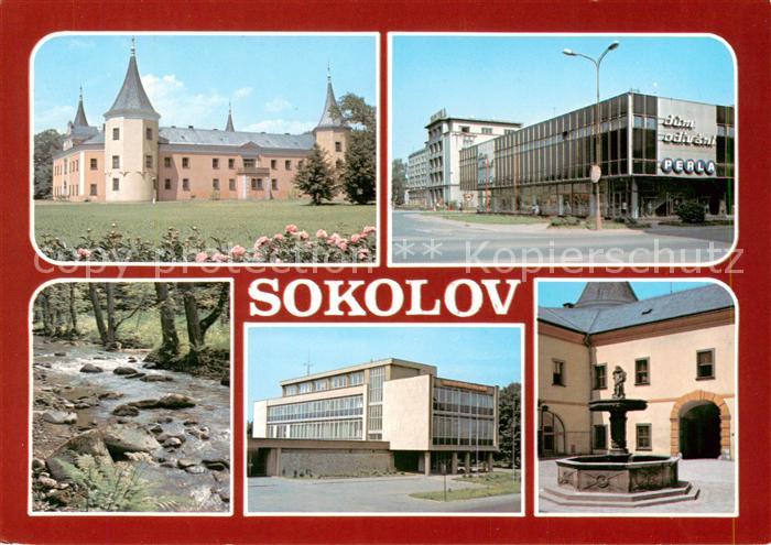 Sokolov CZ Schloss Einkaufszentrum Moderne Architektur Brunnen Partie am Bachlau