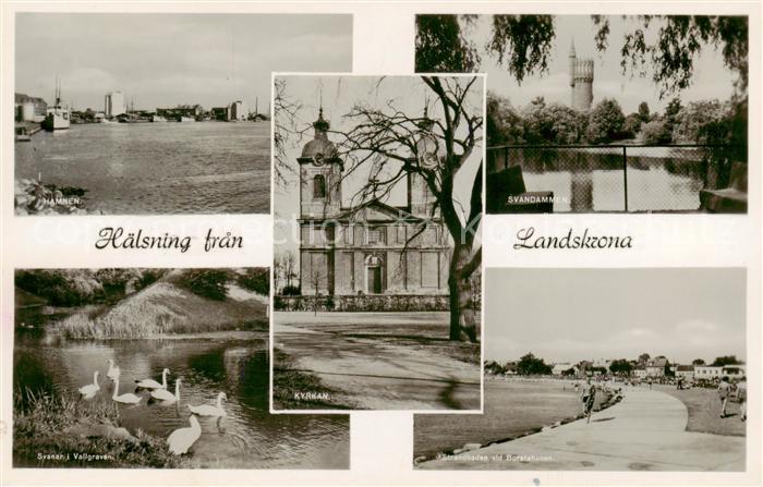 Landskrona Sweden Hamnen Svanar i Vallgraven Kyrkan Strandbaden vid Borstahusen