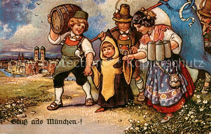 Muenchen Bayern Froehlicher Umzug mit Bierbrauer Kind und Bedienung Illustration