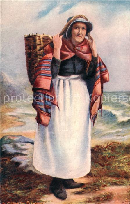 Verlag Tucks Oilette Serie Cornish Fishwiff Frau mit Korb am Kopf