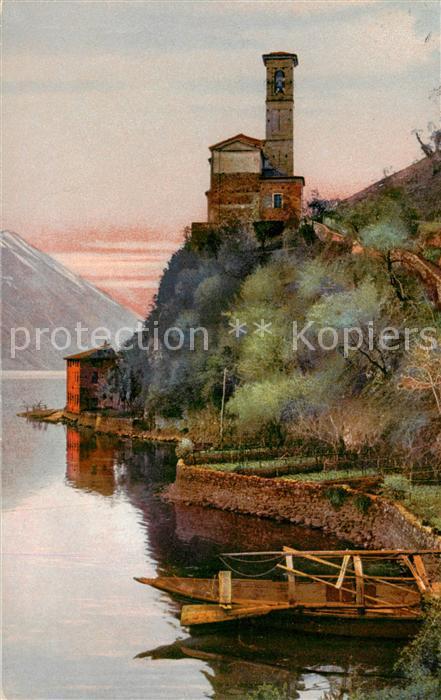 Albogasio Lago di Lugano IT Uferpartie am See Kirche Kuenstlerkarte