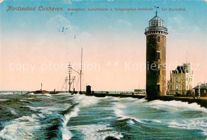 Cuxhaven Nordseebad Semaphor Leuchtturm und Telegraphen Gebaeude bei Sturmflut