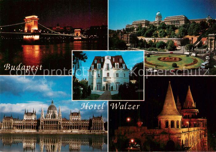 Budapest HU Hotel Restaurant Walzer Donaubruecke Buda Nachtaufnahme Palast