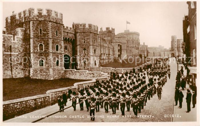 London  UK Guard Leaving Windsor Castle showing Henri VIII Gateway
